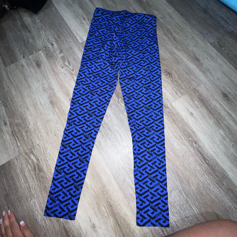 Versace Blue and Black Geometric Pattern Leggings